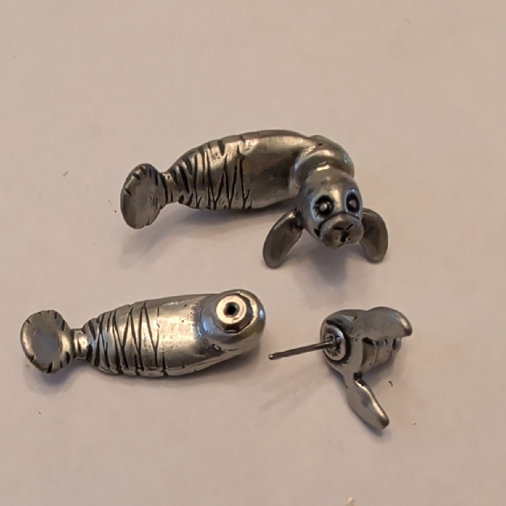 Vintage Silver Tone Seal Earrings